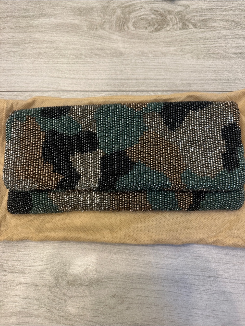 Moyna Camouflage Beaded Foldover Clutch in Green, Brown and Black - Like New!!